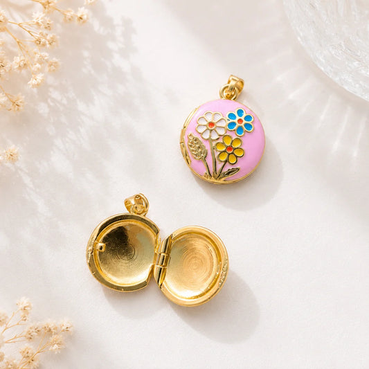 Stainless Steel | Enamel Gold Plated Floral Keepsake Openable Lockets