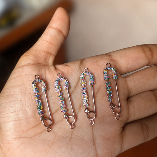 Rose Gold Plated Safety Pin Charms with Multicolored Crystals