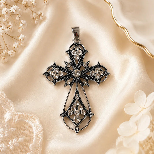Gothic Style Antique Silver Cross Pendant With Ruby Rhinestones