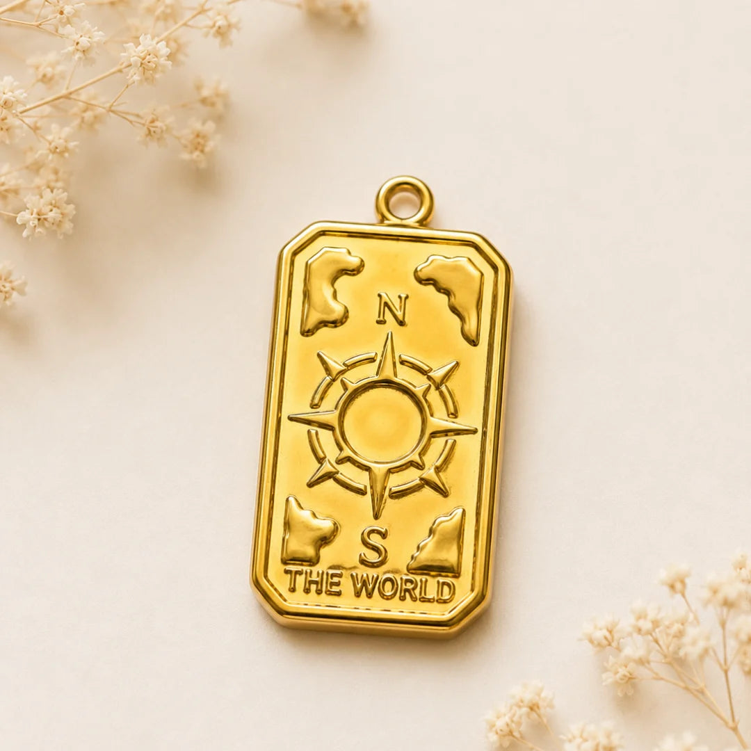 18K PVD Plated Stainless Steel | The World Tarot Charm | 2.5x1.5 cm
