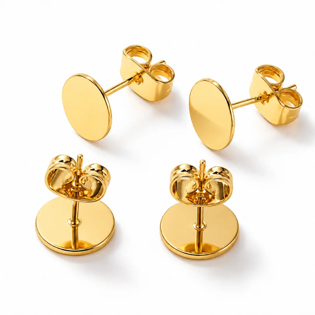 Stainless Steel | Pair of Gold-Plated Blank Flat Pad Earring Studs with Matching Butterfly Backs | 10 mm (W)