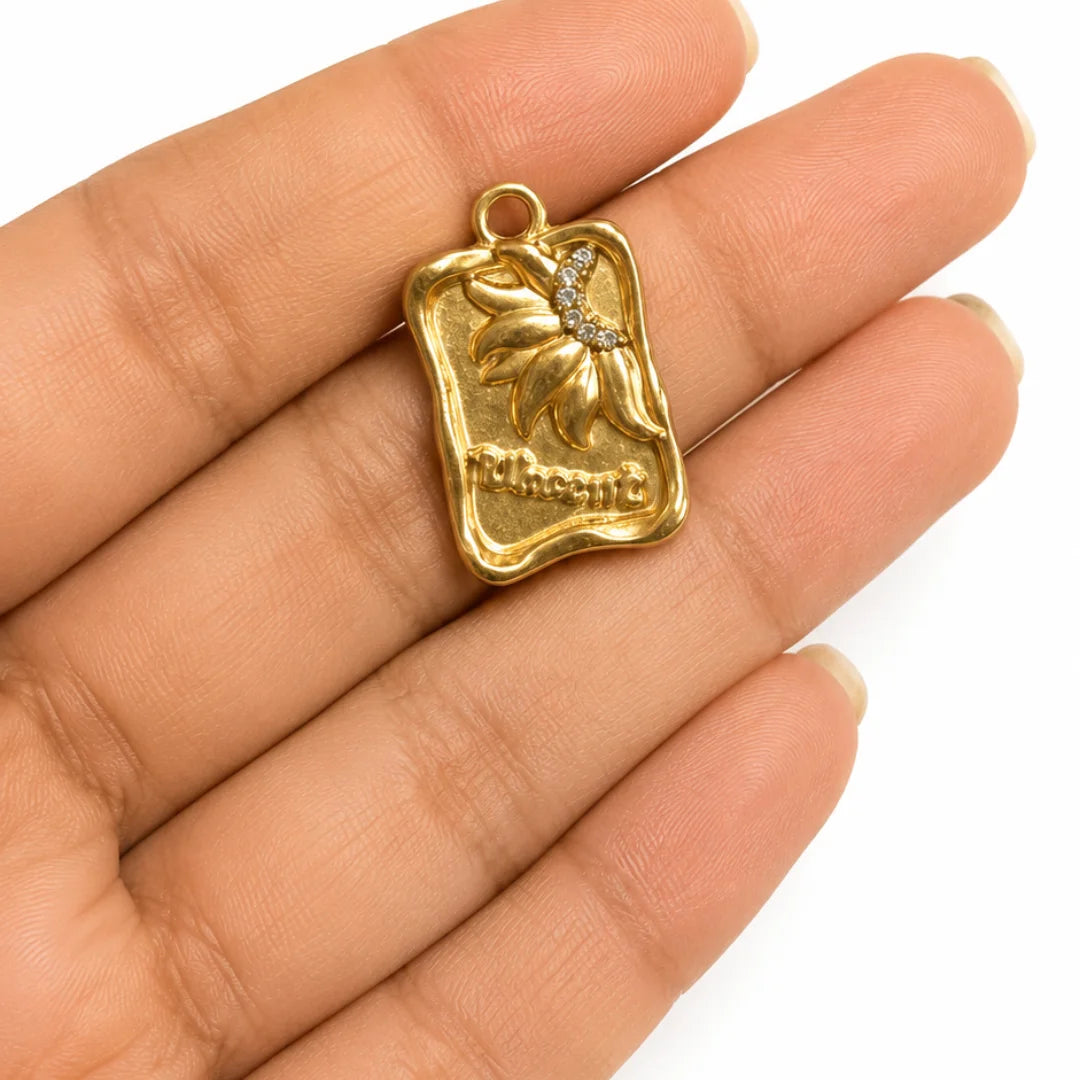 18K PVD Plated Stainless Steel | Sunflower Design Pendant with Small Rhinestone | 2.5x1.3cm