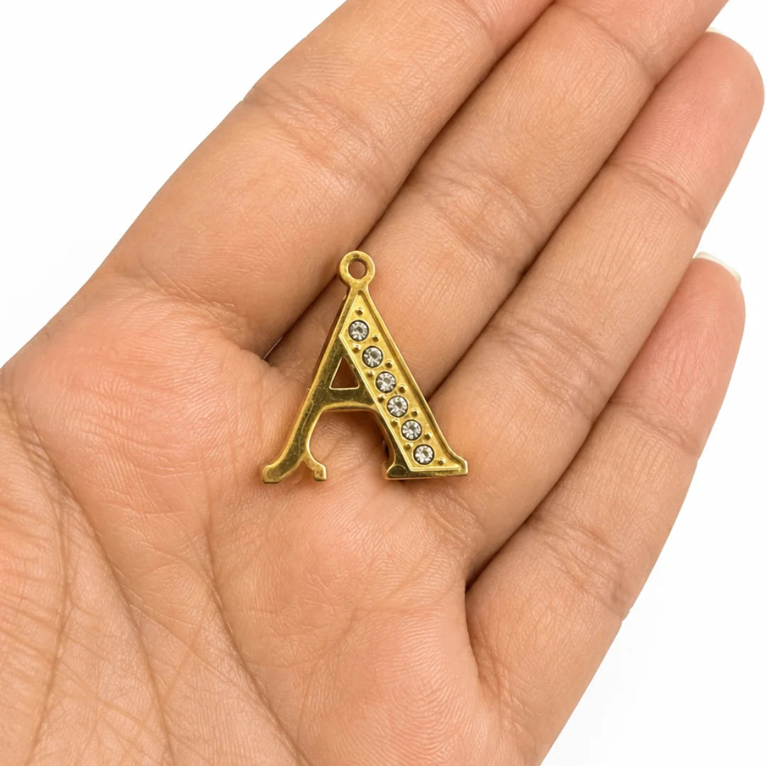 18K PVD Plated Stainless Steel | Initial 'A' with Rhinestone Studded Charm | 2x1.6 cm