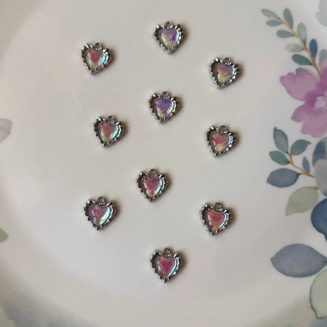 Stainless Steel Rainbow Opal Rhinestone Heart Charm