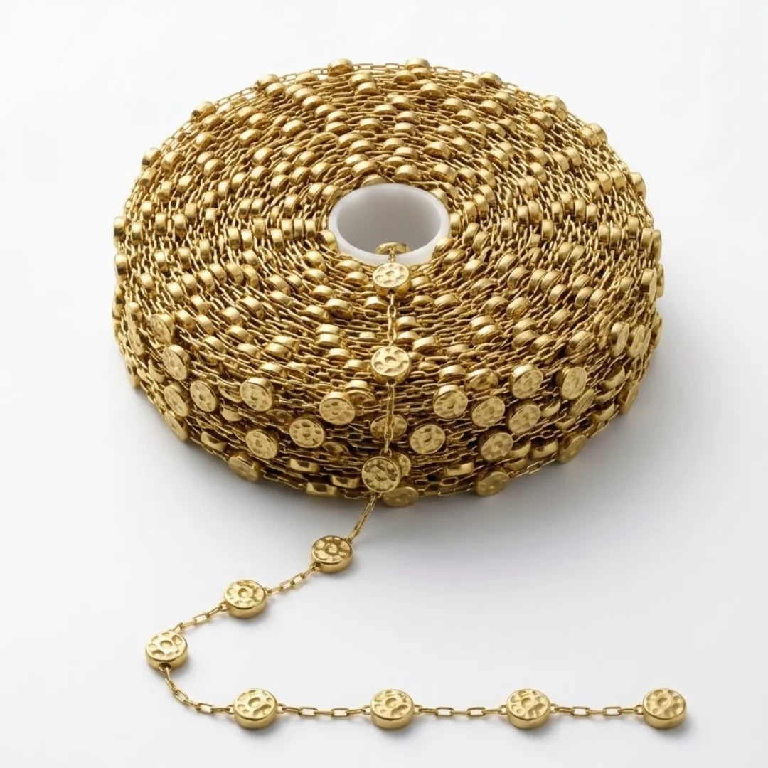 1 Ft Stainless Steel | 18K Gold Plated Link Chain with Small Rounded Coin Charm | 6x6 mm