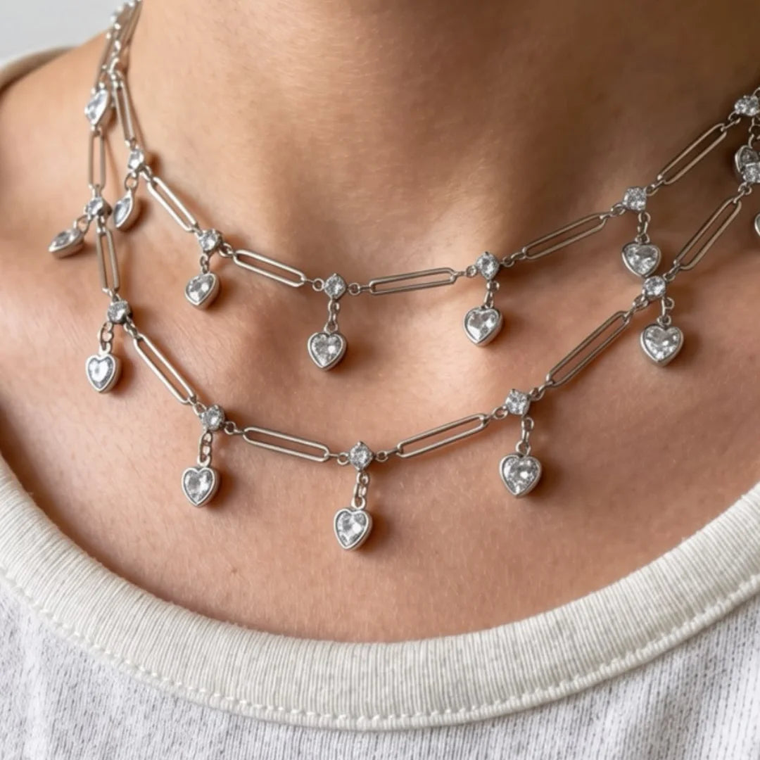 1 Ft Stainless Steel | Silver Plated Dangling Heart Crystal Charms Connected with Bar Link Chain