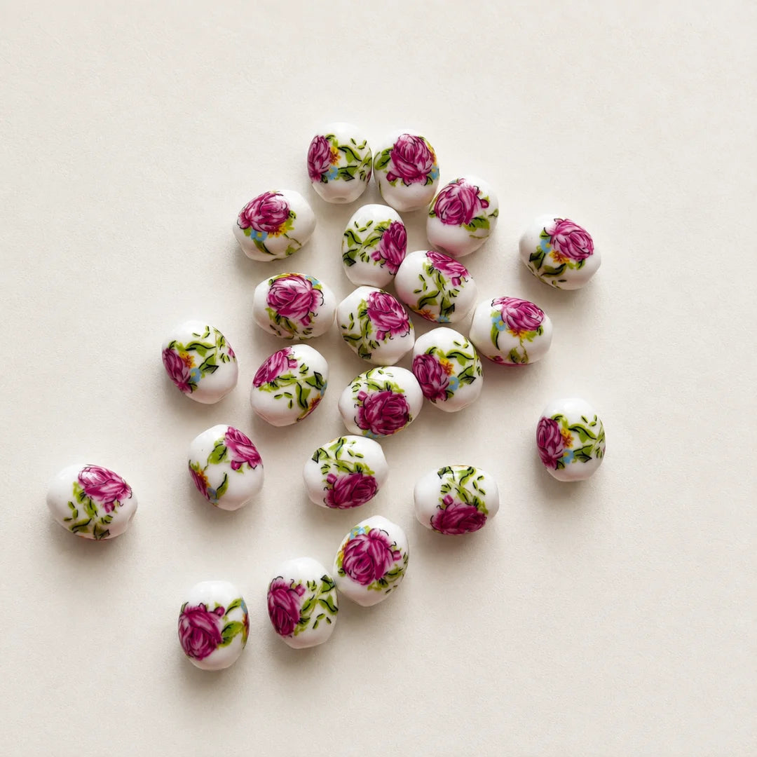 Oval Shaped Rose Painted Ceramic Beads