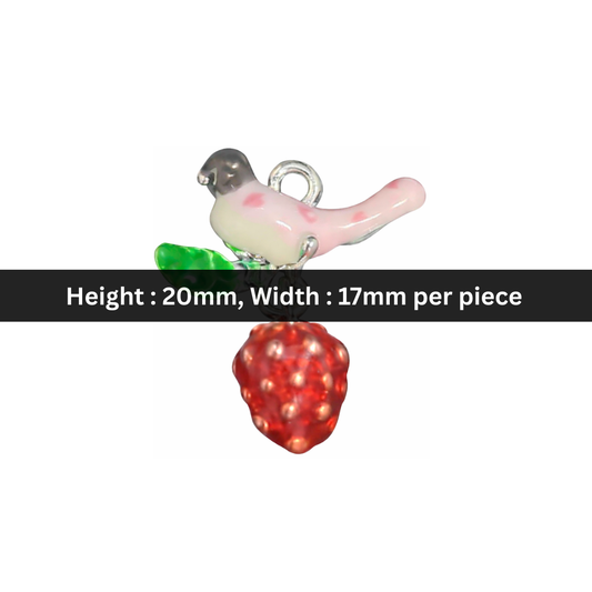 Stainless Steel | 20x17 mm | Bird and Strawberry Enamel Charm