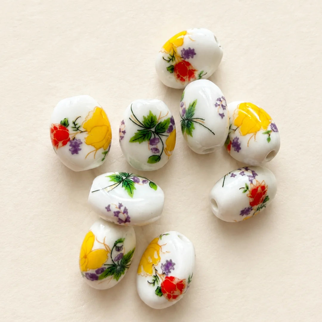 Yellow and White Floral Ceramic Beads