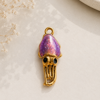 Stainless Steel | Gold Plated Purple Glitter Enamel Squid Charm