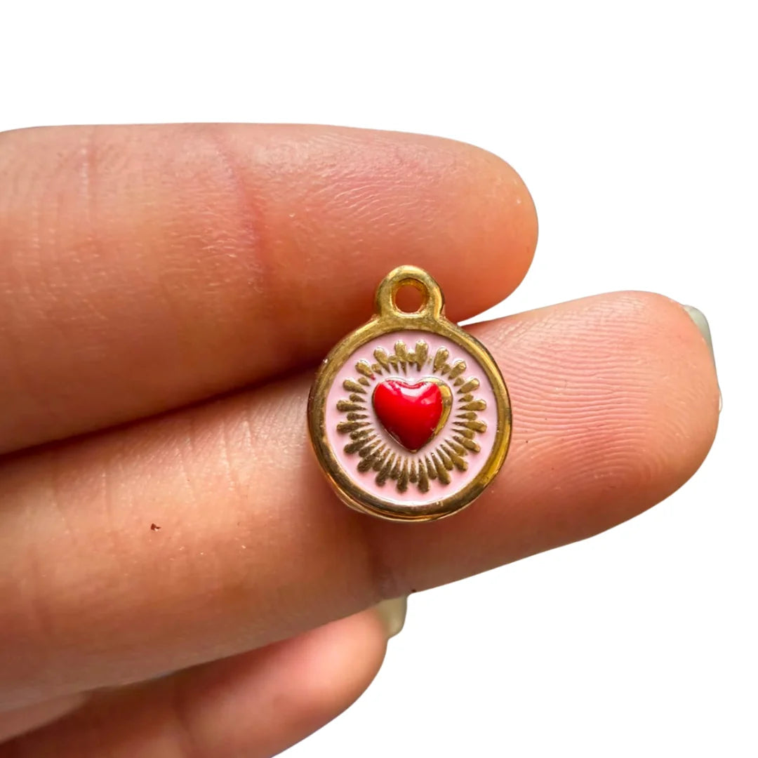 Stainless Steel | Sacred Heart Charm with Red and Pink Enamel