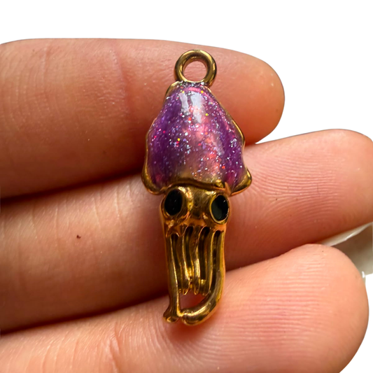 Stainless Steel | Gold Plated Purple Glitter Enamel Squid Charm