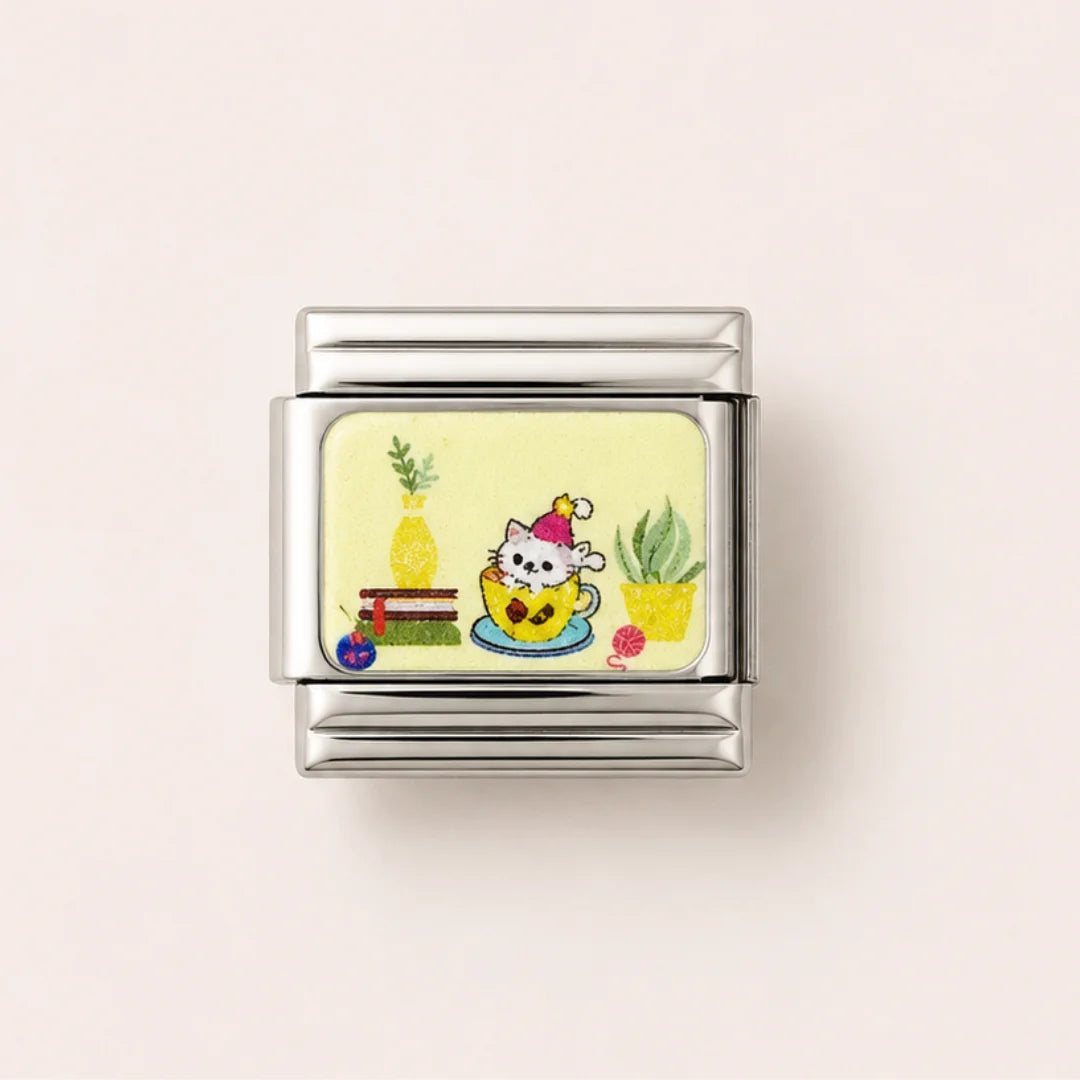 Stainless Steel | Cute Cat in Teacup Italian Charm