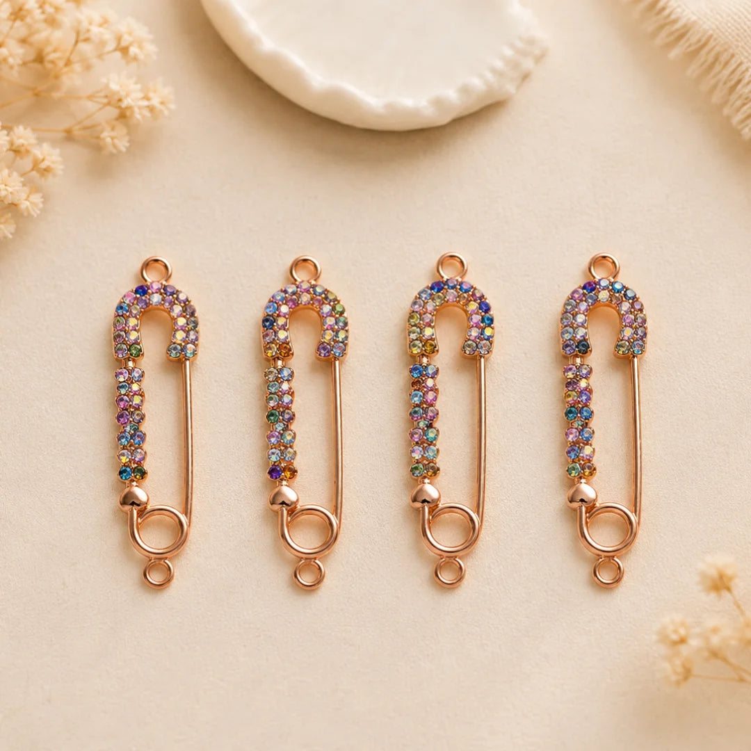 Rose Gold Plated Safety Pin Charms with Multicolored Crystals