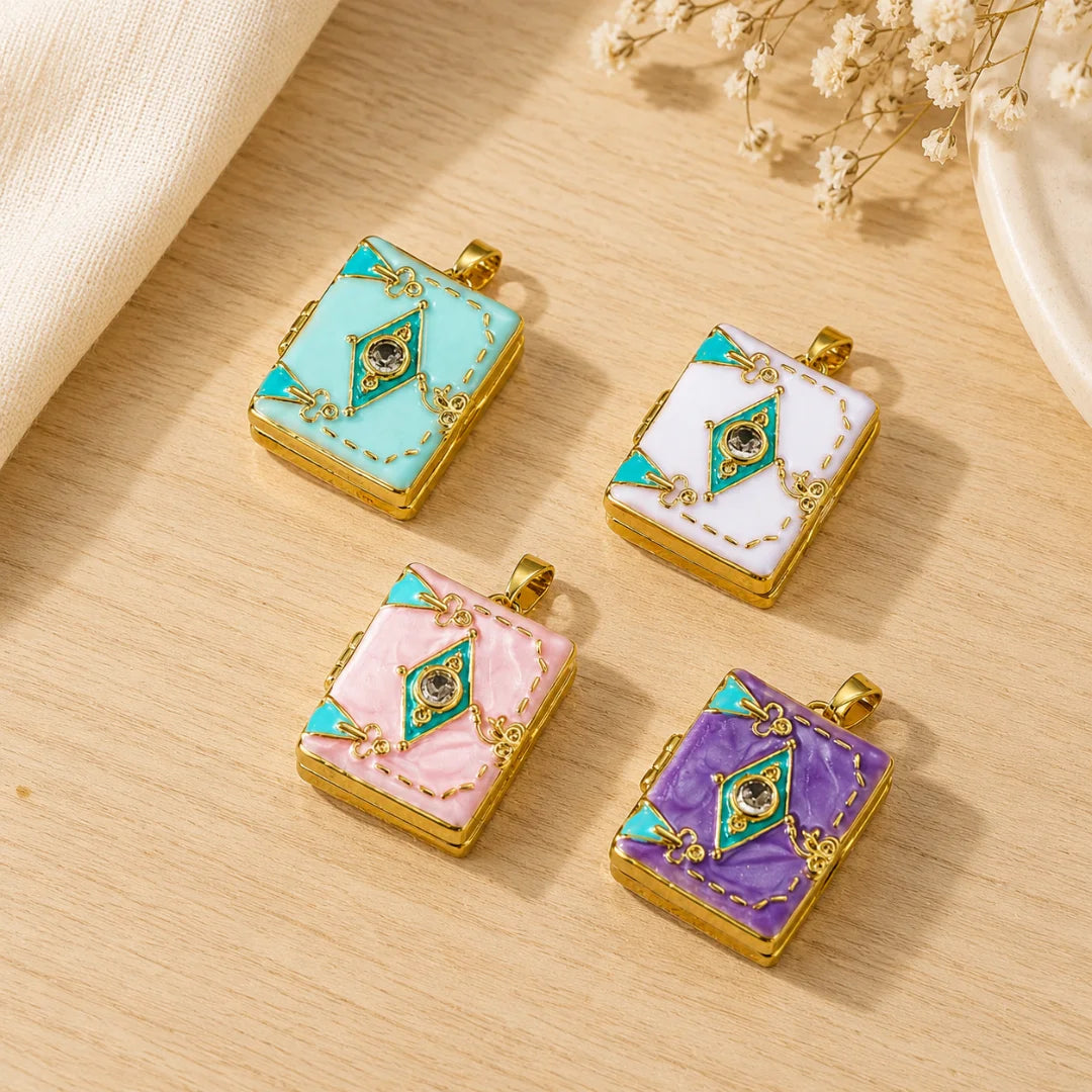 Stainless Steel | Enamel Gold Plated Book Openable Lockets | 2.2x1.7 cm