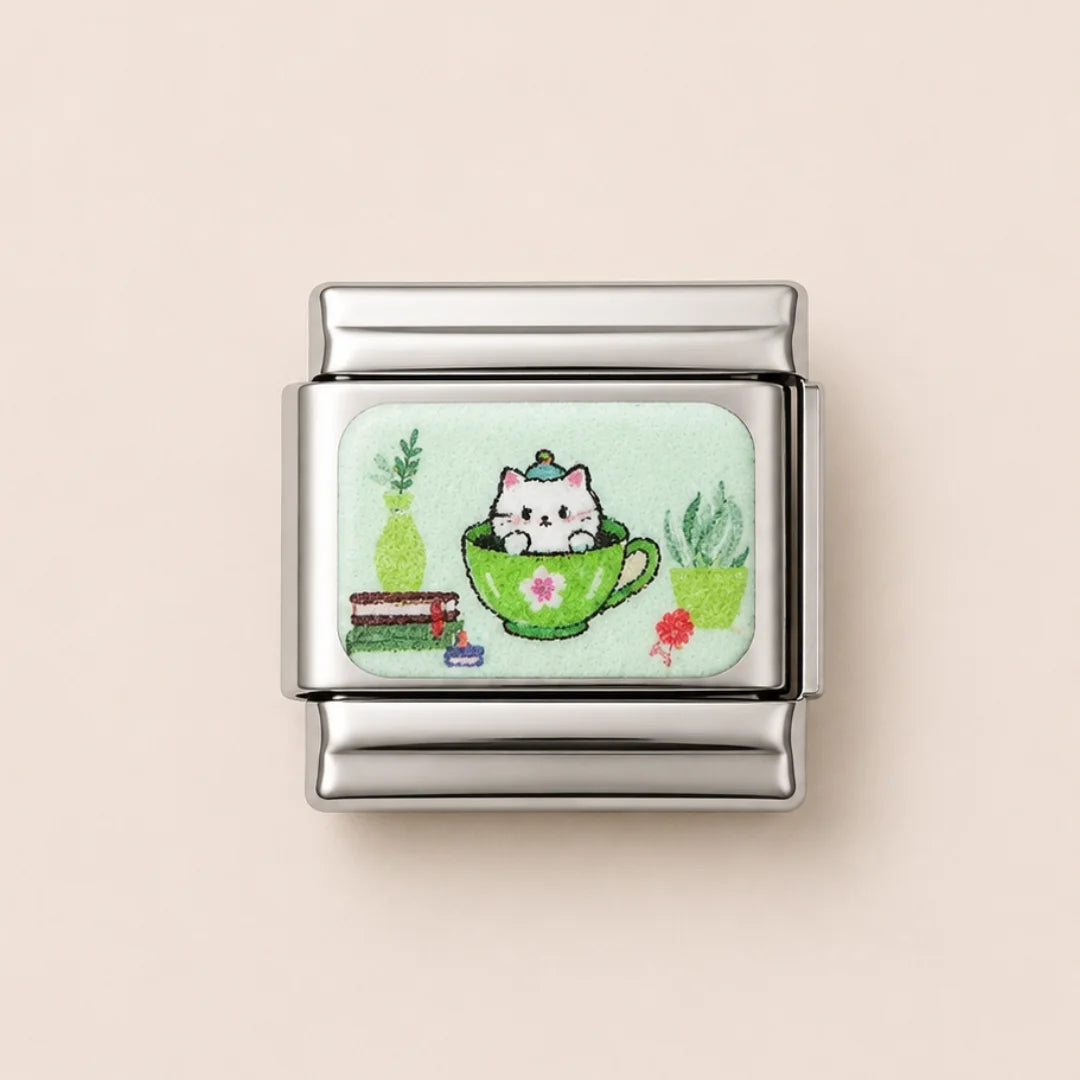 Stainless Steel | Cat Sitting Inside a Green Teacup