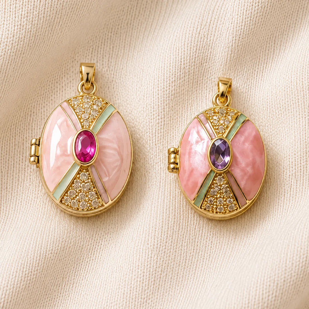 Stainless Steel | Enamel Gold Plated Retro Pearl Openable Locket | 2.1x1.6 cm