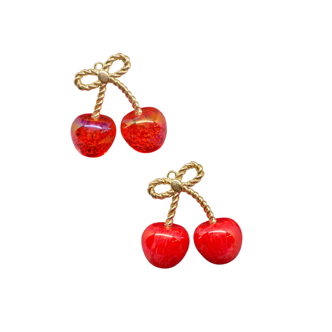 Acrylic | 55x45 mm | Glossy Red Cherry Charm With Gold Bow