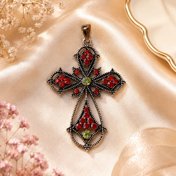 Gothic Style Antique Silver Cross Pendant With Ruby Rhinestones