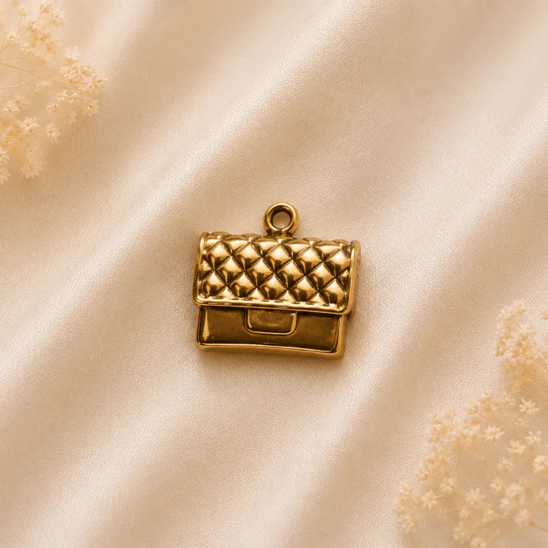18K PVD Plated Stainless Steel | Quilted Bag Charm | 1x1 cm