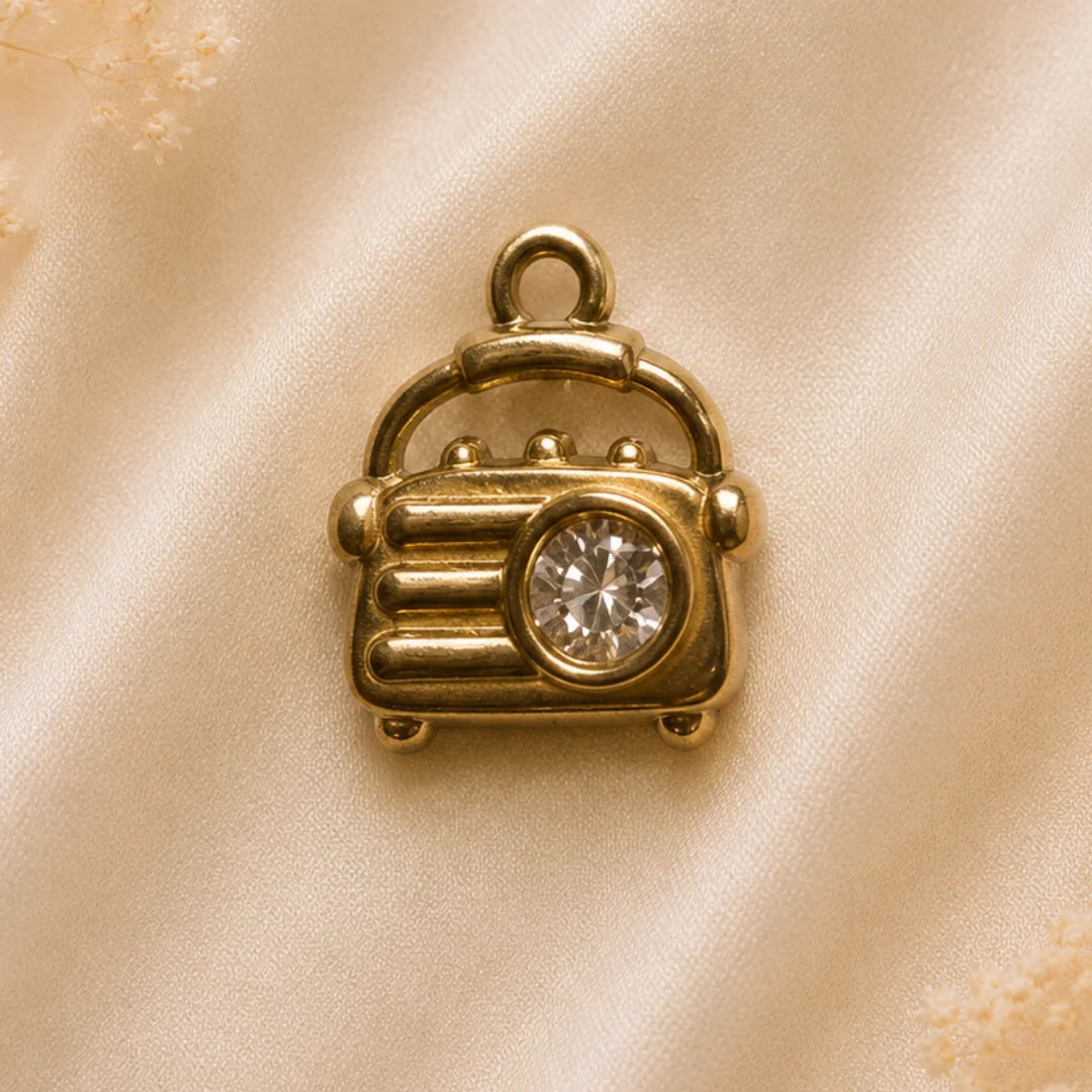 18K PVD Plated Stainless Steel | Retro Radio Charm With Zirconia Stone | 1.5x1.2 cm
