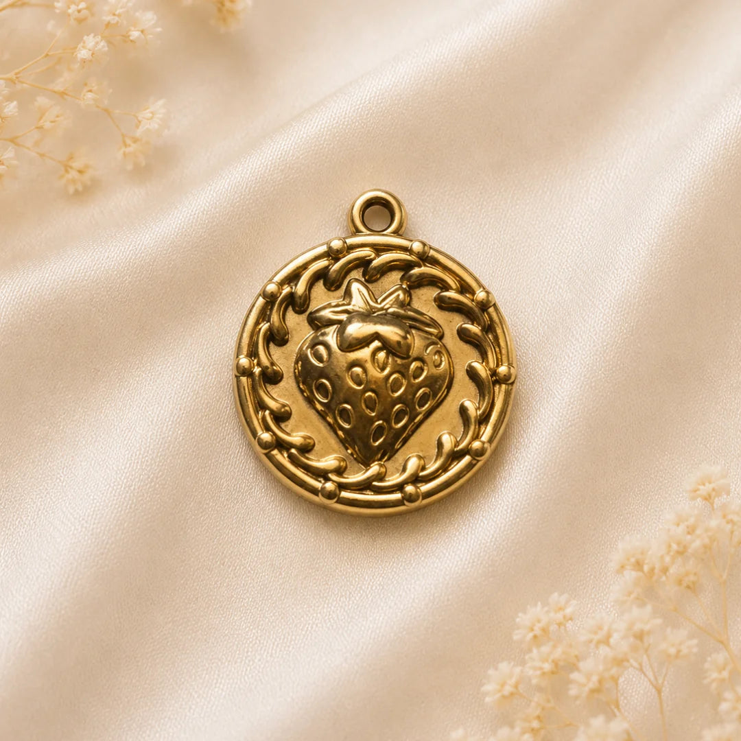 18K PVD Plated Stainless Steel | Strawberry Medallion Charm | 2.4x2 cm