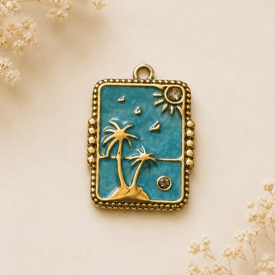 18K PVD Plated | Stainless Steel | Blue Enamel Beach Scene with Palm Trees Charm | 2.6x1.8cm