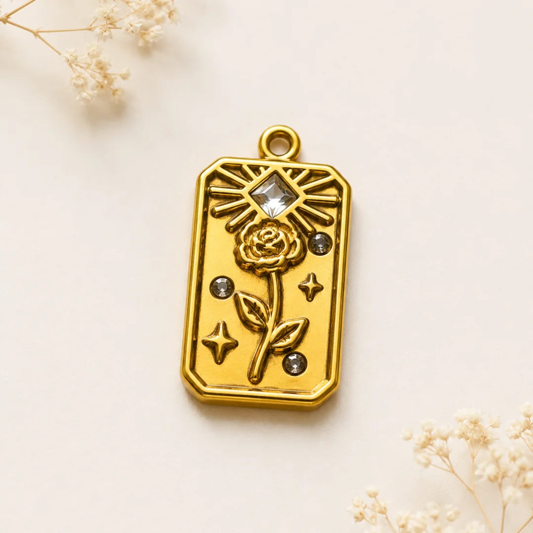 18K PVD Plated Stainless Steel | Rose Tarot Tag Charm | 1.3x2 cm