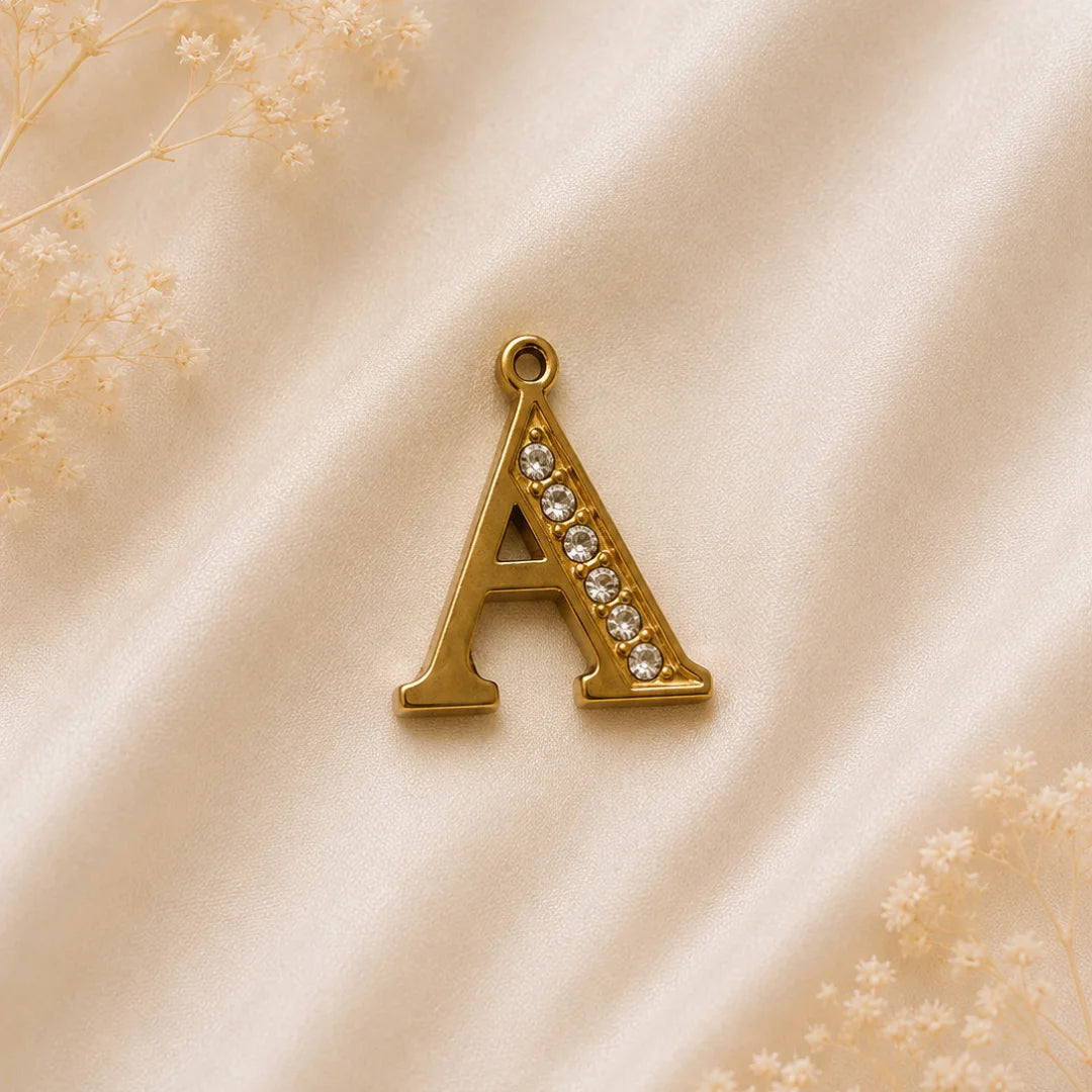 18K PVD Plated Stainless Steel | Initial 'A' with Rhinestone Studded Charm | 2x1.6 cm