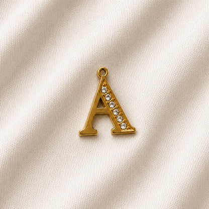 18K PVD Plated Stainless Steel | Initial 'A' with Rhinestone Studded Charm | 2x1.6 cm