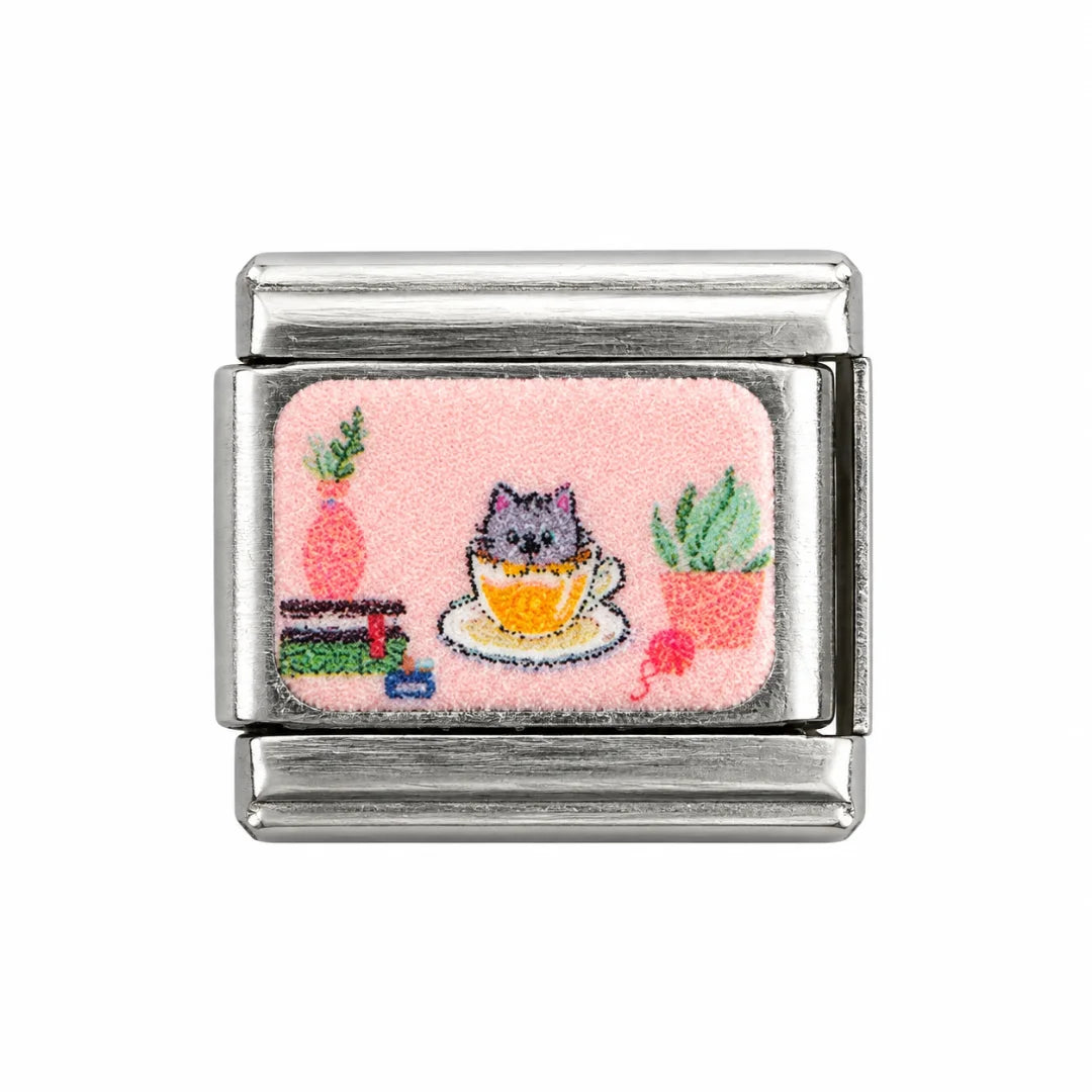 Stainless Steel | Cat in Teacup Italian Charm