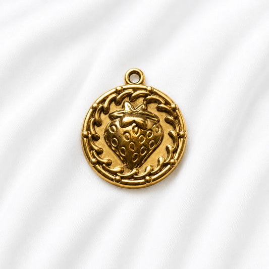 18K PVD Plated Stainless Steel | Strawberry Medallion Charm | 2.4x2 cm