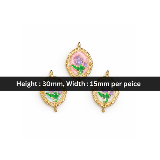 Stainless Steel | 30x15 mm | Vintage Rose Oval Connector Charms