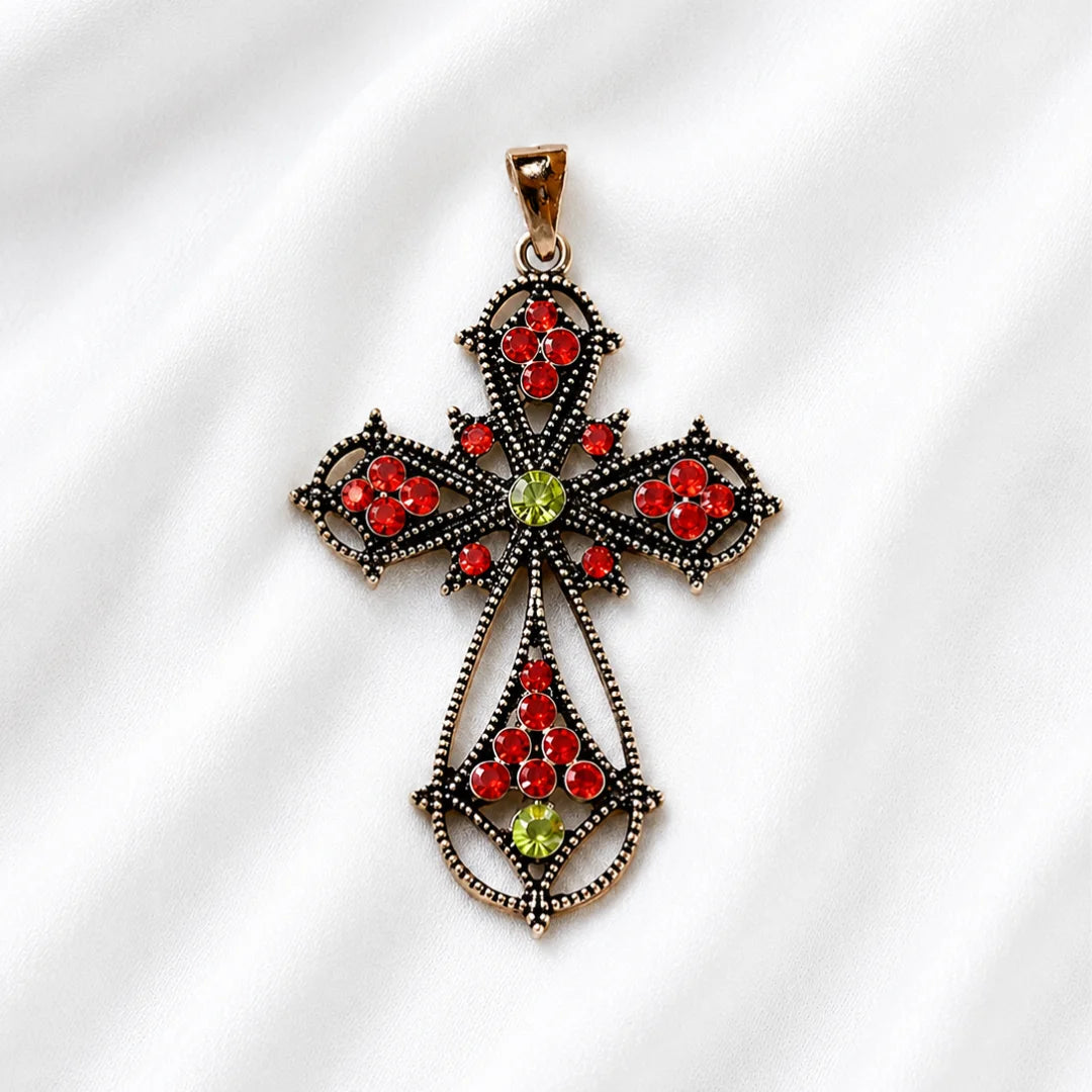 Gothic Style Antique Silver Cross Pendant With Ruby Rhinestones