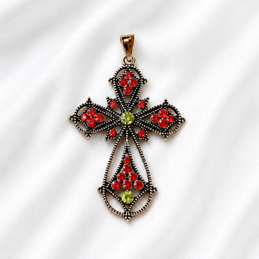 Gothic Style Antique Silver Cross Pendant With Ruby Rhinestones