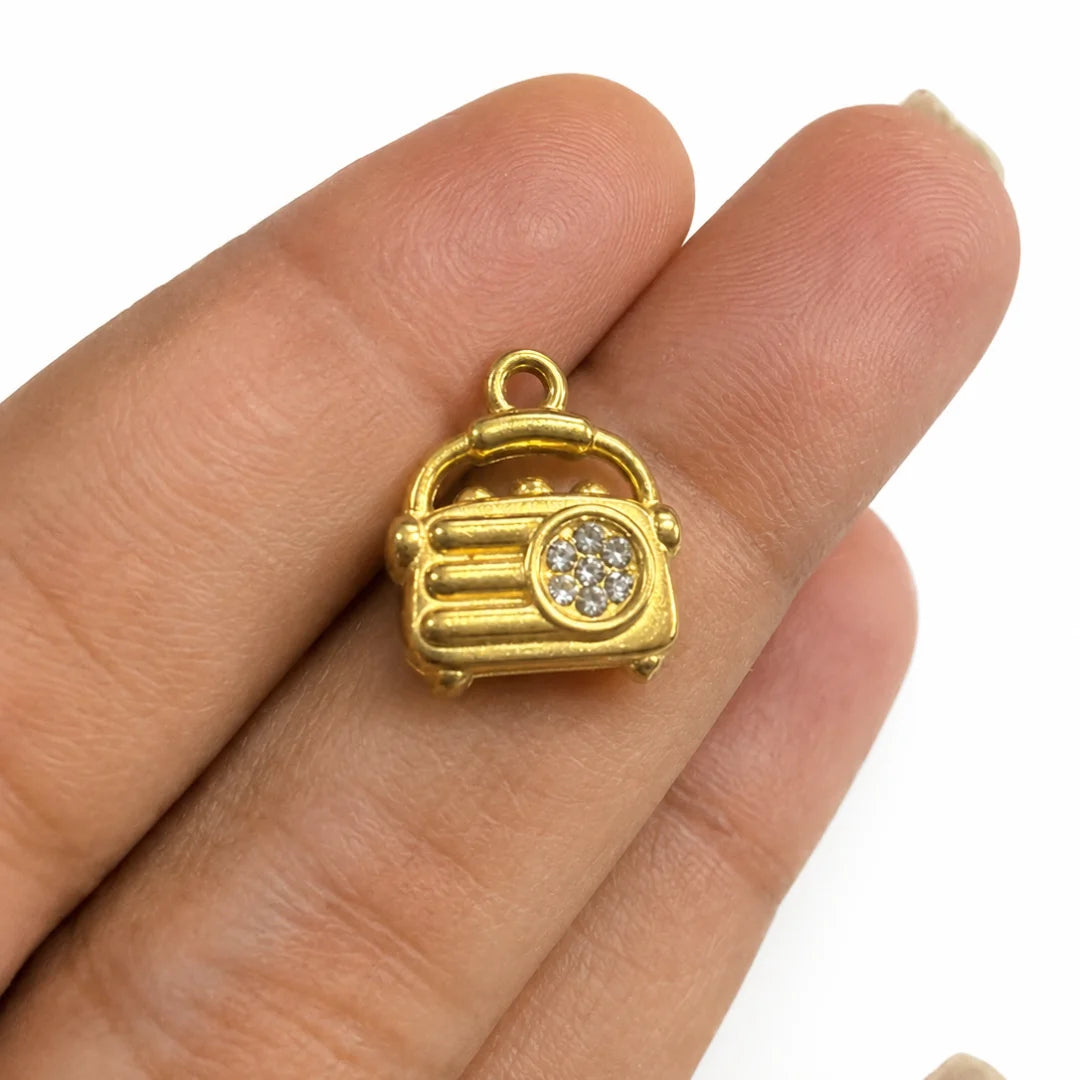 18K PVD Plated Stainless Steel | Retro Radio Charm With Zirconia Stone | 1.5x1.2 cm