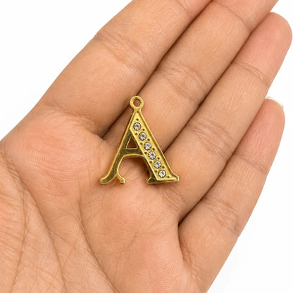 18K PVD Plated Stainless Steel | Initial 'A' with Rhinestone Studded Charm | 2x1.6 cm