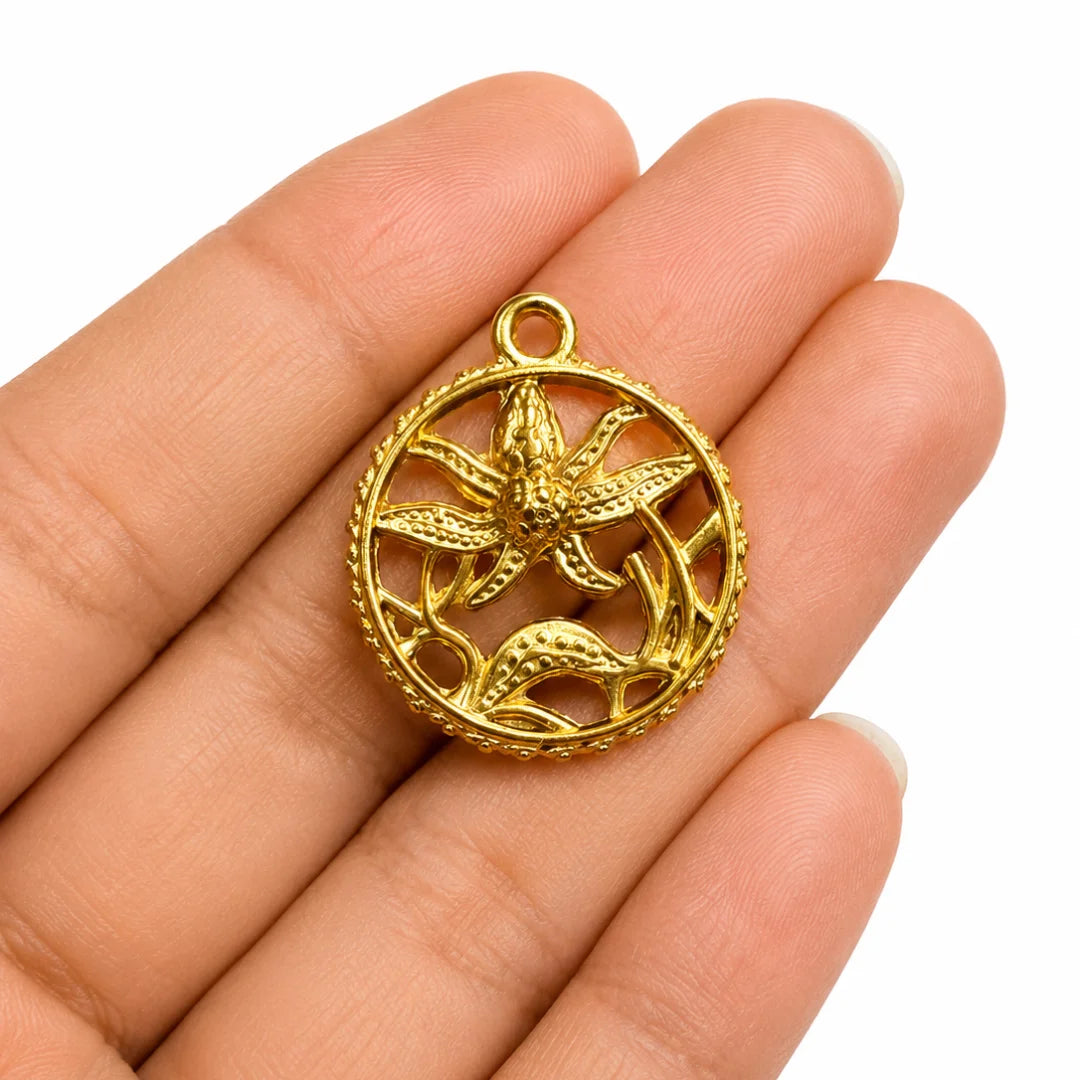 18K PVD Plated Stainless Steel | Delicate Starfish and Coral Design | 2x2 cm