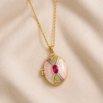 Stainless Steel | Enamel Gold Plated Retro Pearl Openable Locket | 2.1x1.6 cm