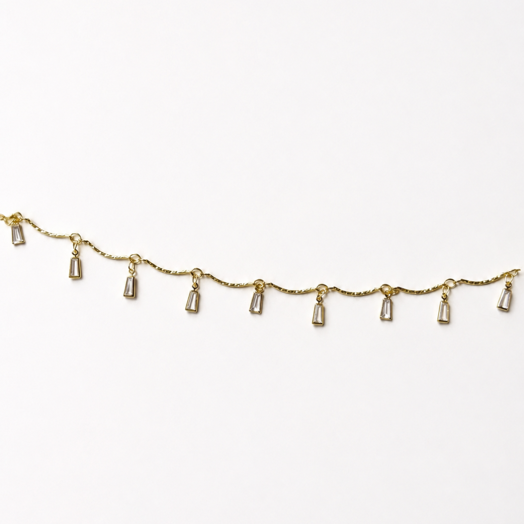 1 Ft Stainless Steel | Gold Plated Chain with dangling Rectangular Crystal Drops | 1.8 x0.1 mm