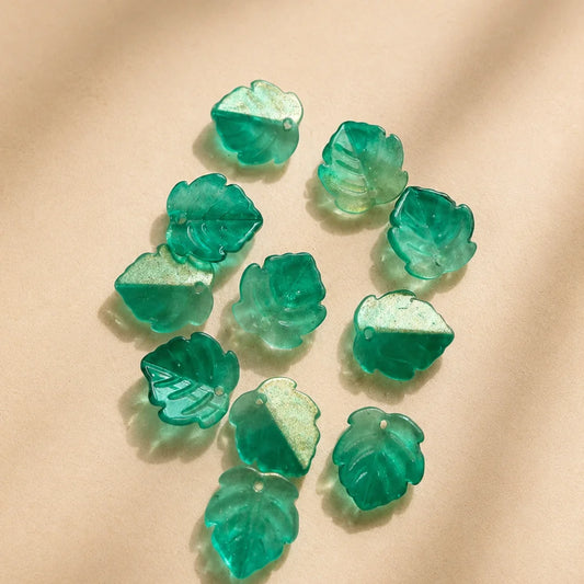 Green Glass Leaf Beads with Golden Gradient