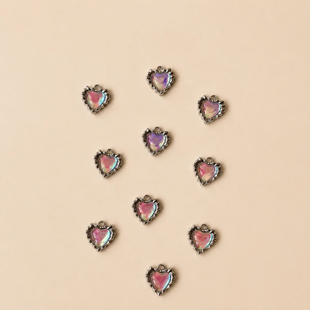 Stainless Steel Rainbow Opal Rhinestone Heart Charm