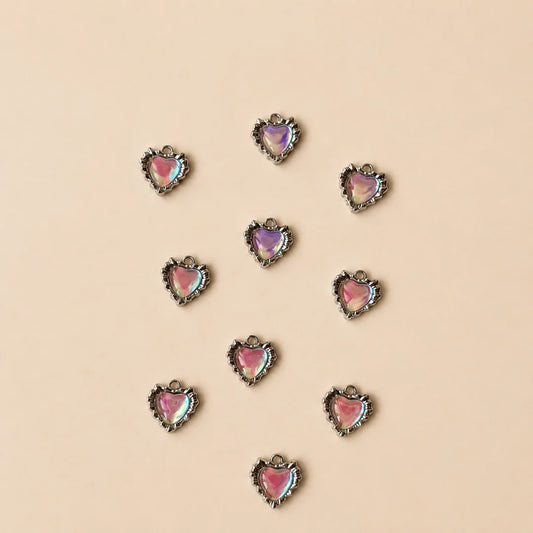 Stainless Steel Rainbow Opal Rhinestone Heart Charm