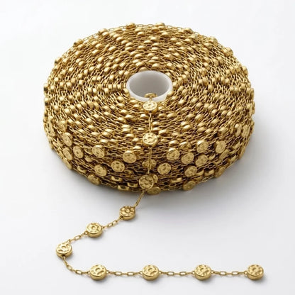 1 Ft Stainless Steel | 18K Gold Plated Link Chain with Small Rounded Coin Charm | 6x6 mm