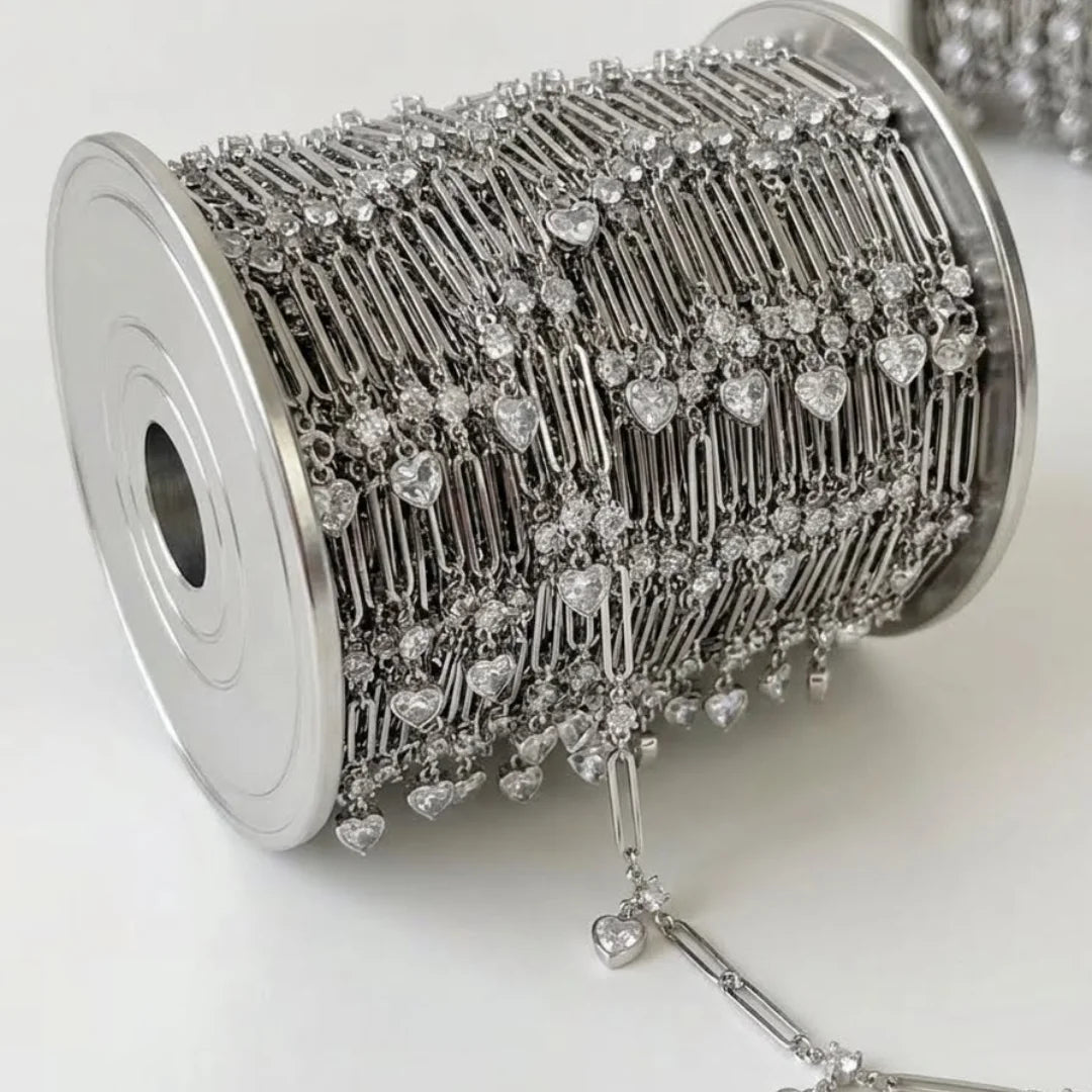 1 Ft Stainless Steel | Silver Plated Dangling Heart Crystal Charms Connected with Bar Link Chain