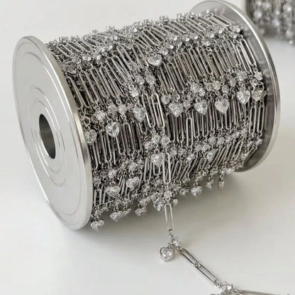 1 Ft Stainless Steel | Silver Plated Dangling Heart Crystal Charms Connected with Bar Link Chain
