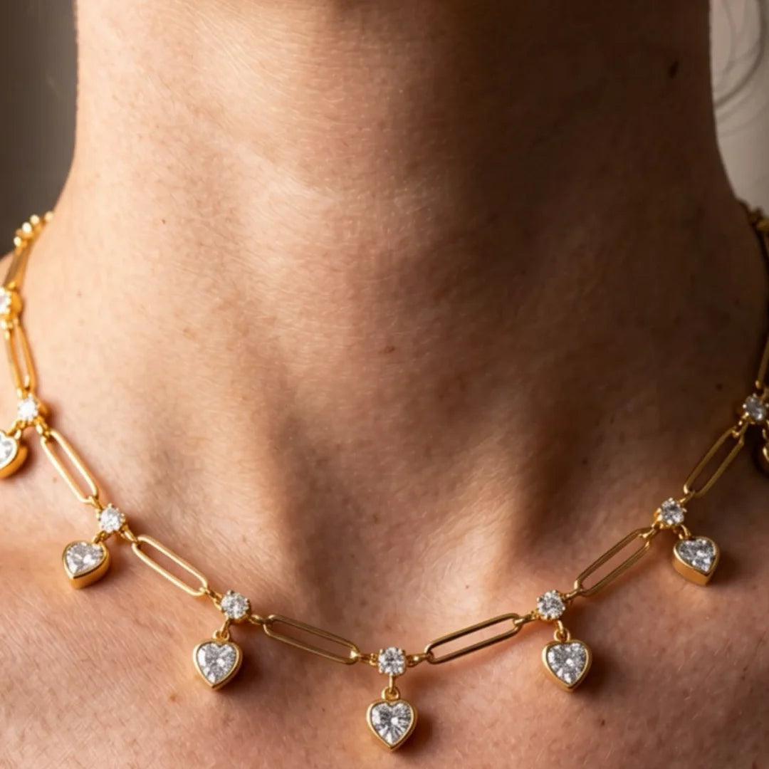 1 Ft Stainless Steel | 18K Gold Plated Dangling Heart Crystal Charms Connected with Bar Link Chain