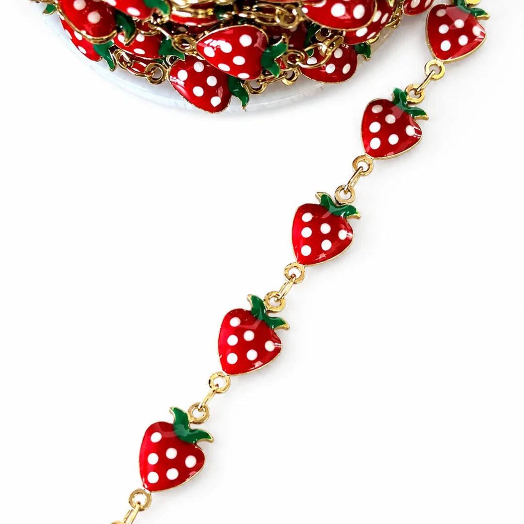 1 Ft Stainless Steel | 18K Plated Cute Red Enamelled Strawberry Chains