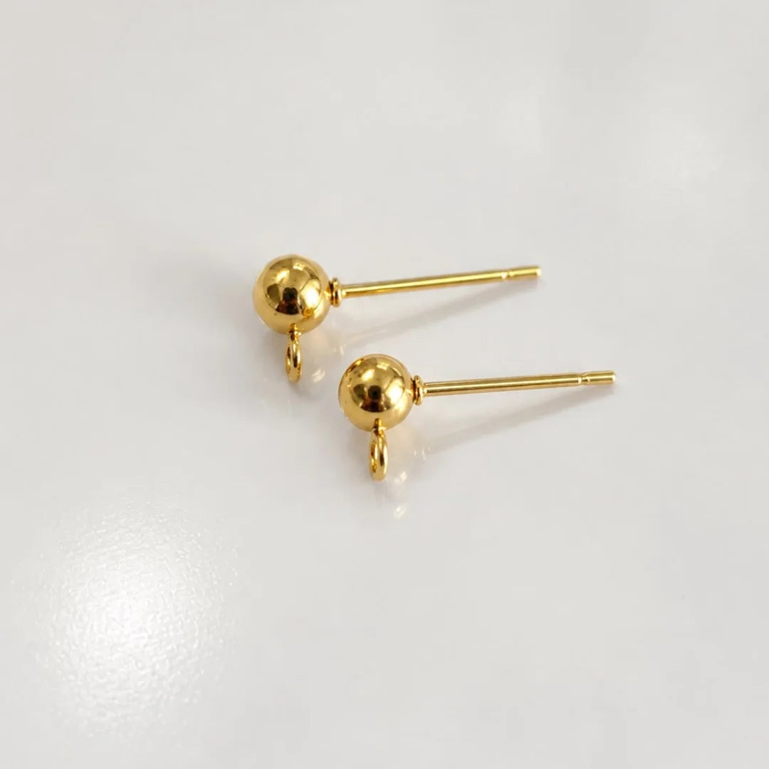 Stainless Steel | 18K Gold Plated Ball Post Earrings Component With Loop | Pair of Earrings | 15x7 mm