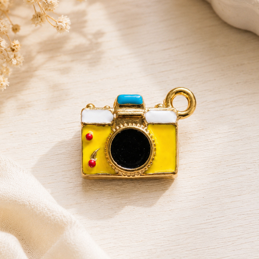 Stainless Steel | Gold Plated Yellow Enameled Camera Charm with Crystal Lens